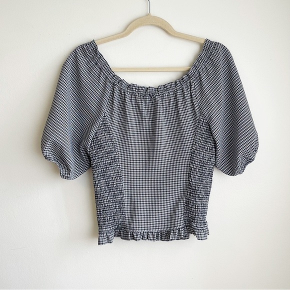 1 State prairie puff sleeve milkmaid blouse plaid gingham country preppy smocked - Picture 3 of 6